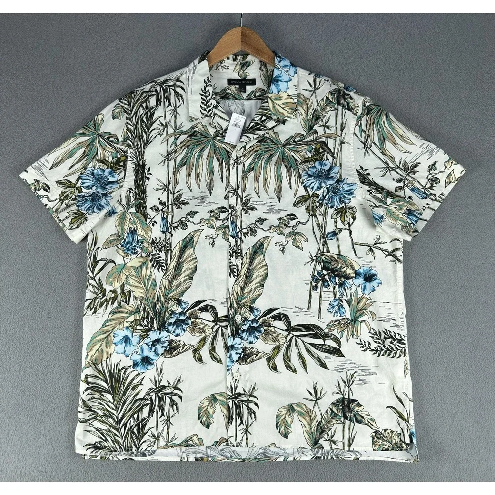 Banana Republic Shirt Large Beige Floral Hawaiian Resort Camp Loop Collar New